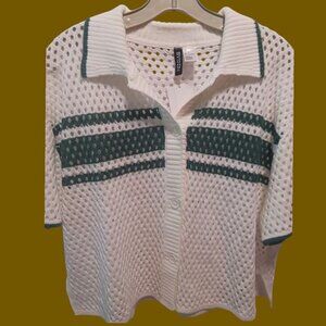 Divided by H&M Womens Mesh Knit Short Sleeve Button-Up size large green & white